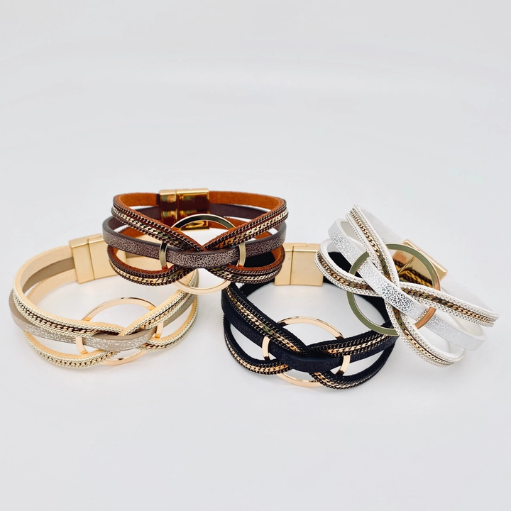 Magnetic Buckle Ring Charm Leather Bangle Bracelet(Beige only)