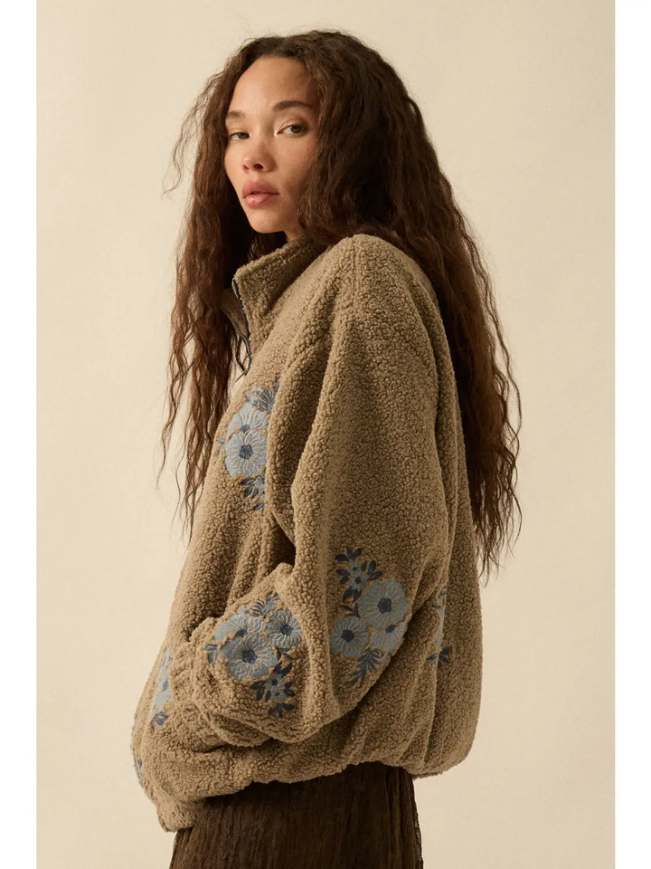 Floral-Embroidered Sherpa Fleece Zip-Up Jacket