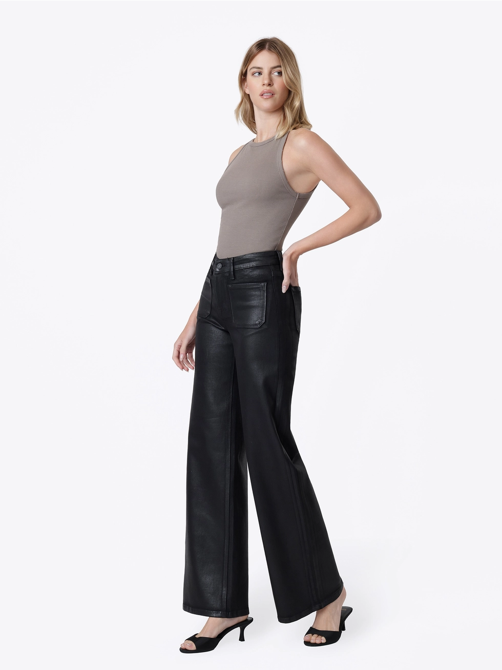 High Rise Patch Pocket Black Coated Wide Leg Jeans