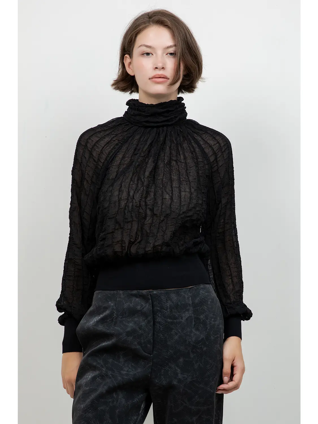 Semi Sheer Turtle Neck Textured Blouse