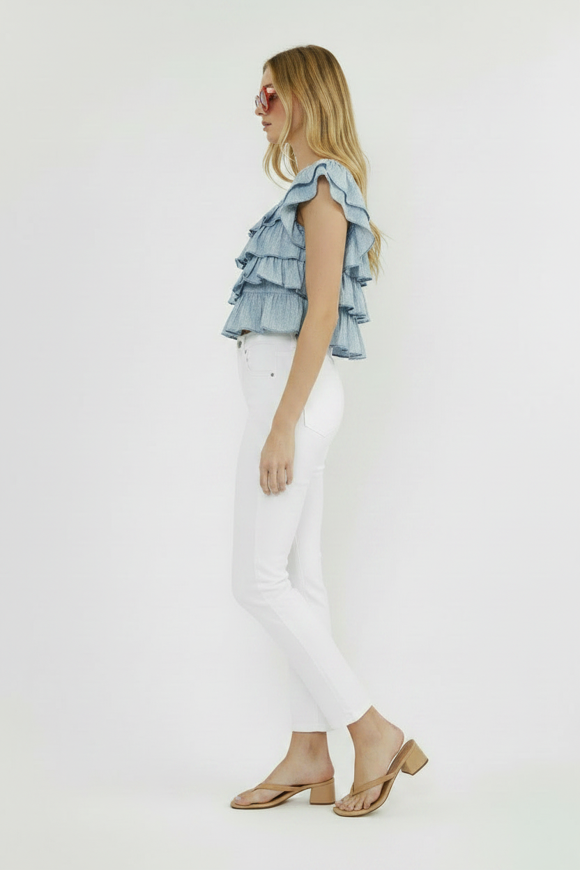 Side View - Chambray Top & White Jeans