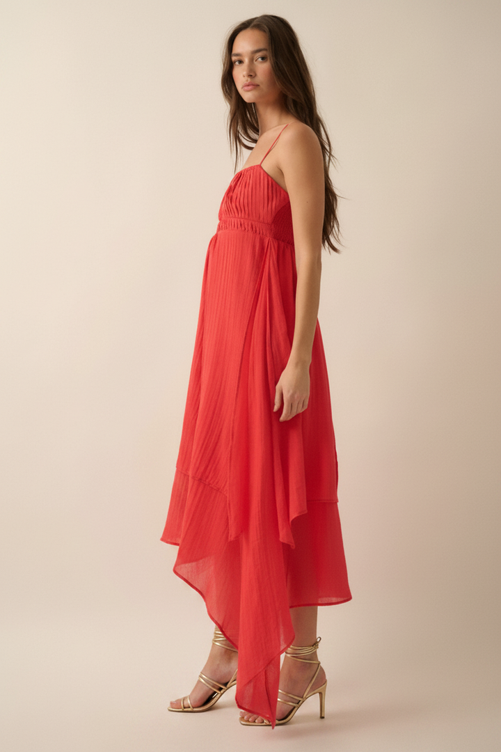 Side View - Gold Strappy Sandals Coral Red Dress