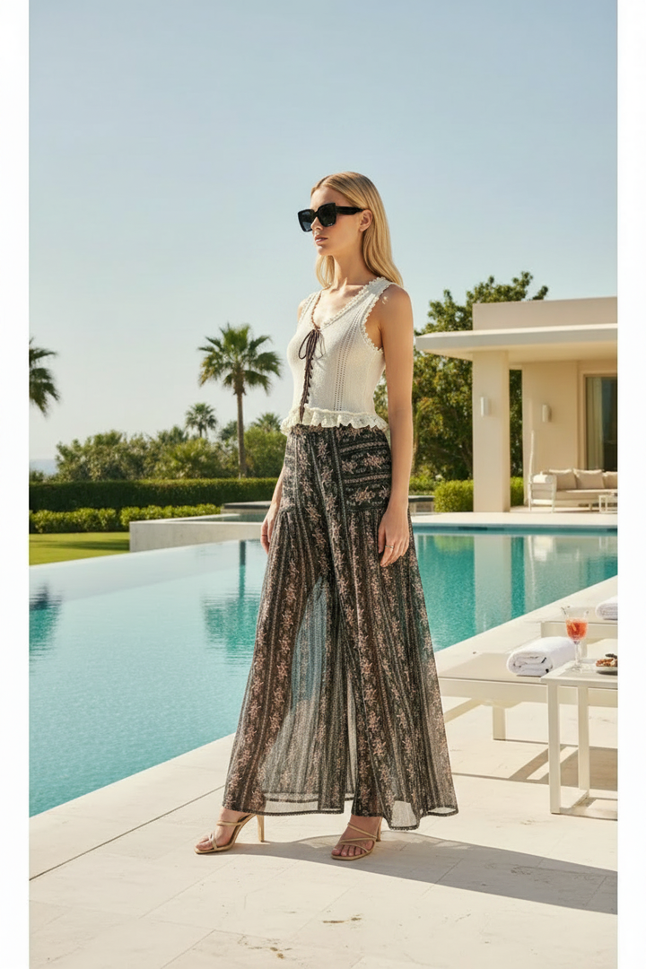 Side View - Ivory Crochet Top with Mesh Palazzo Pants
