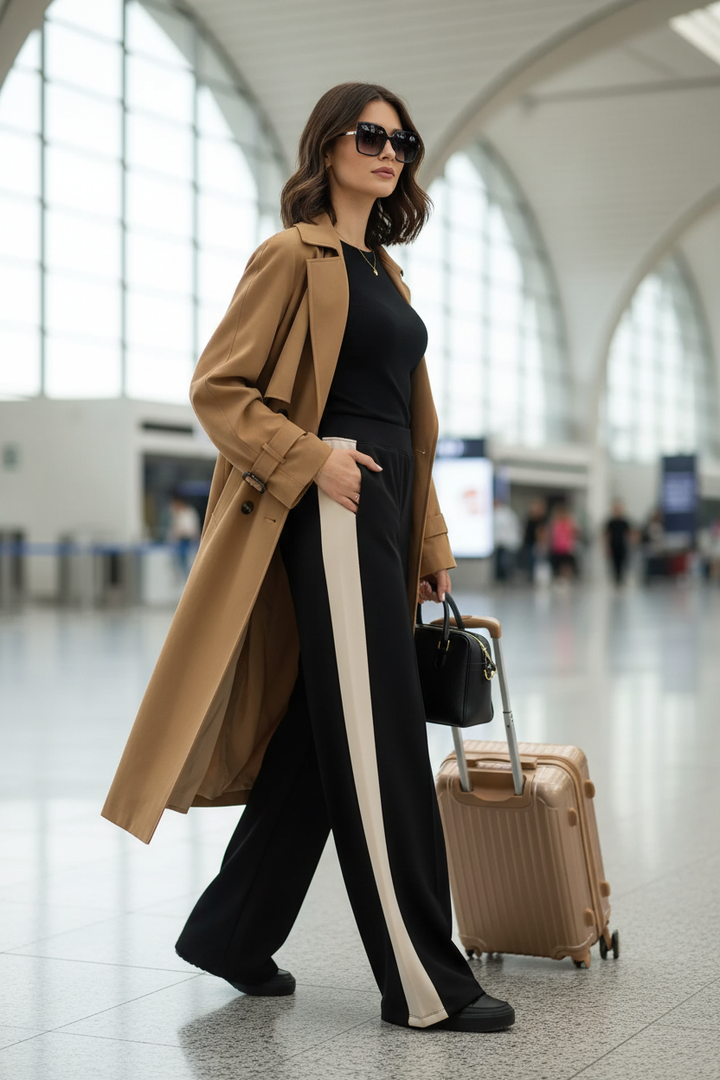 Side view of a model wearing black wide-leg pants with an ivory side stripe while pulling a carry-on through an airport