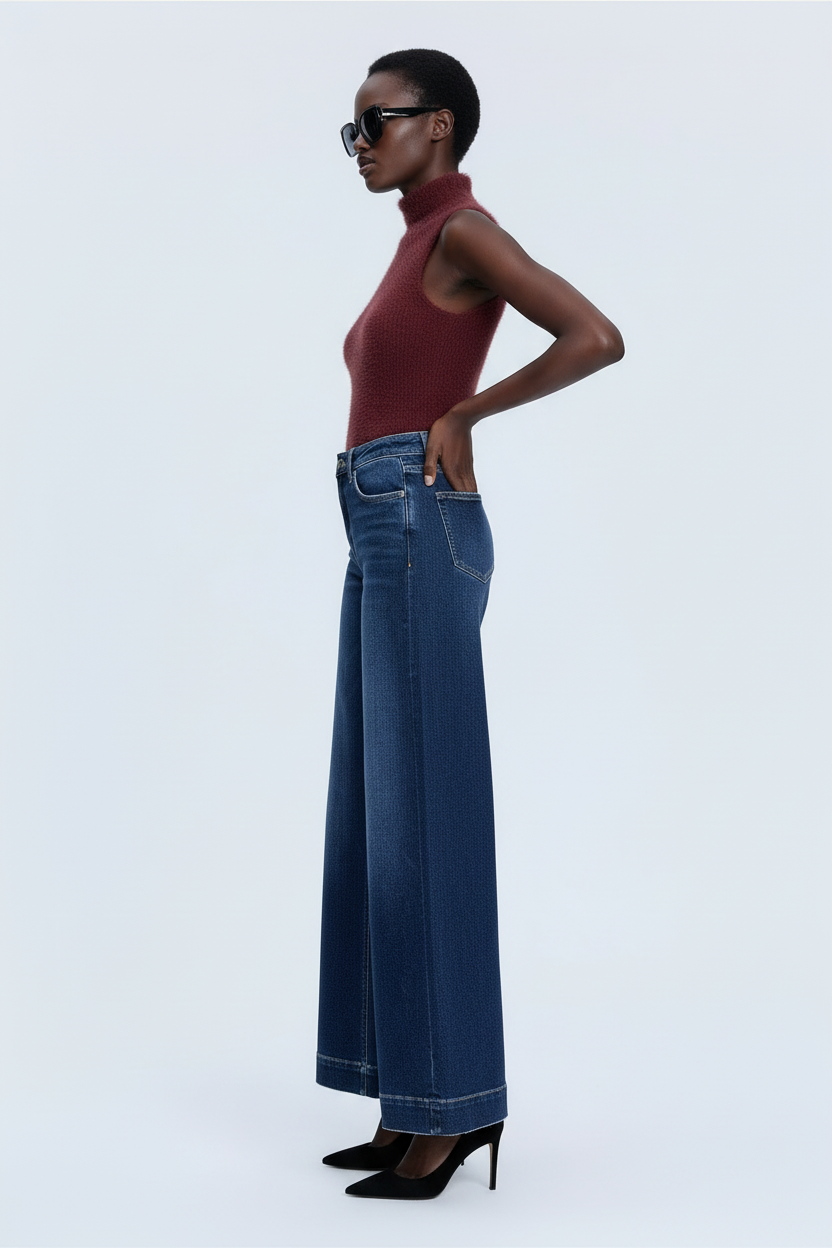 Side view of Beciga model wearing dark-wash palazzo jeans