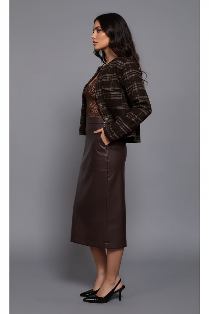 Side view of complete outfit with plaid jacket