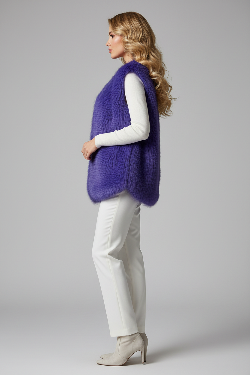 Side view - purple vest with V-neck and winter white outfit