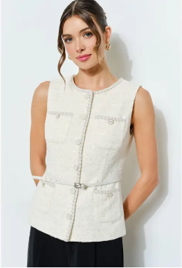 Belted Sequin Tweed Sleeveless Top (Available in Black and Cream)