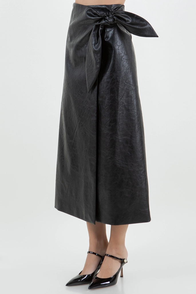 Ankle Length Midi Pu Wrap Skirt with Tie Closure