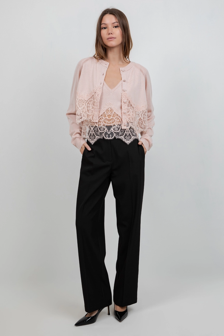 Knitted Sweater Cardigan with Lace Edge Detailing