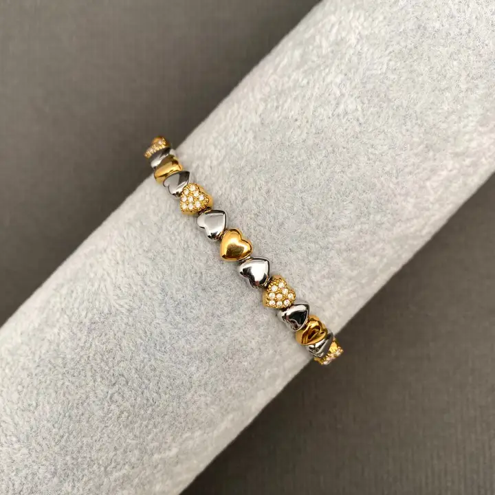 Zircon Inlaid Two Tone Heart  Bracelet