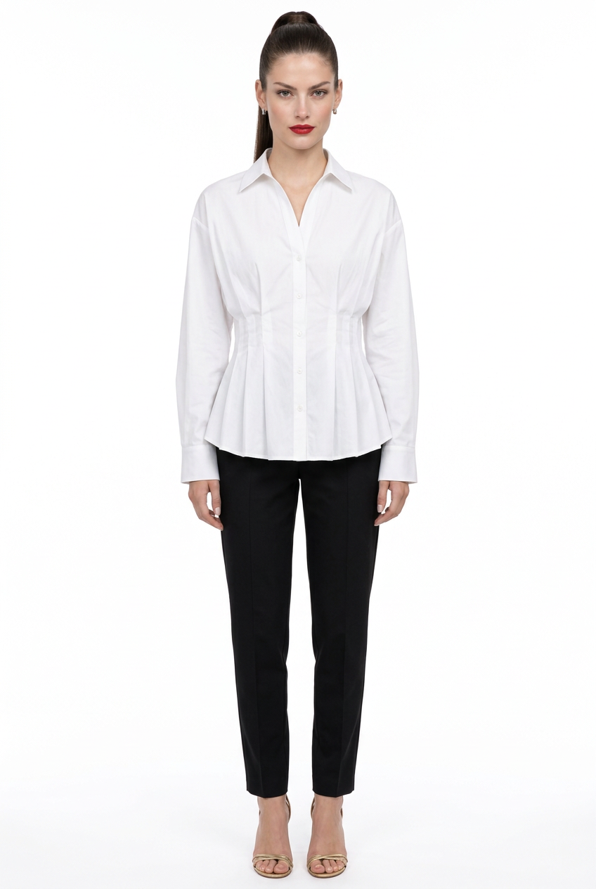 Sloane wearing the white pleated poplin button-down top