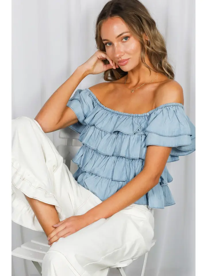Tiered Flutter Sleeve Chambray Top