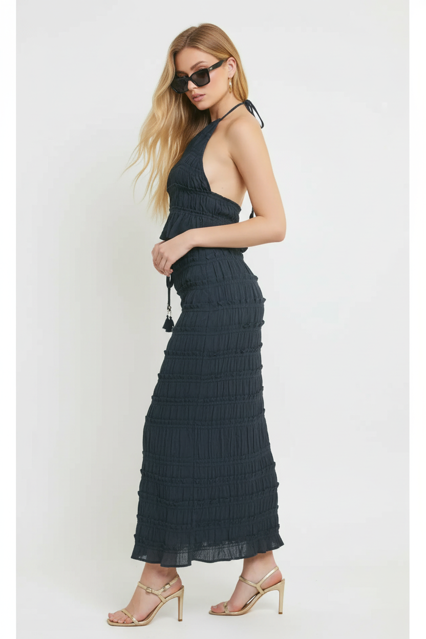 Smocked Halter Top — Blonde Model Side Open Back