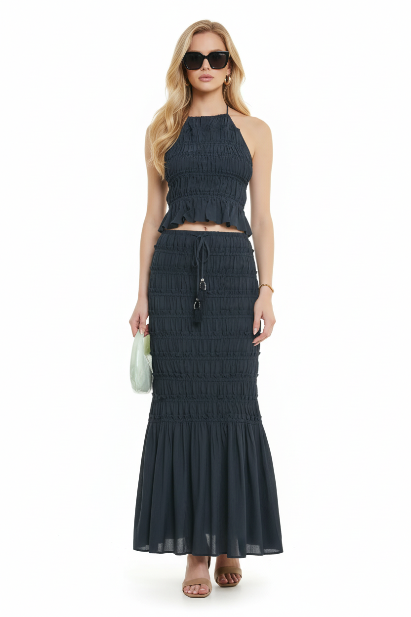 Smocked Maxi Skirt — Blonde Model Front Closer