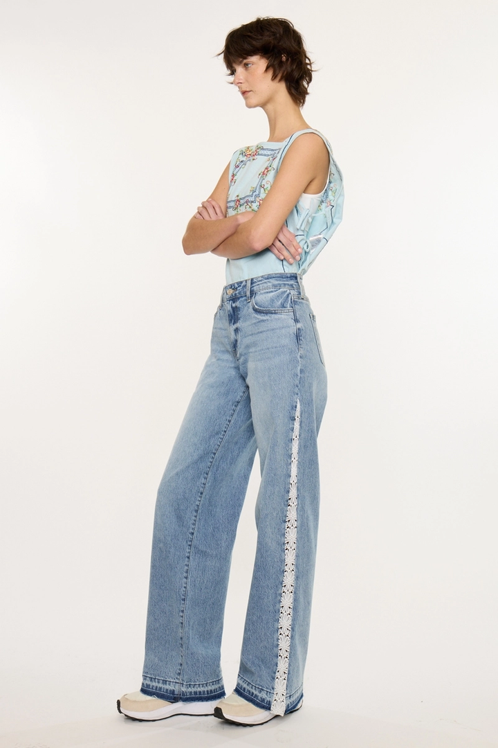 High Rise Lace Trim Wide Leg Jean