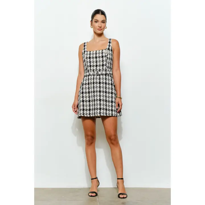 Check Tweed Brooch Detail Belted Mini Dress