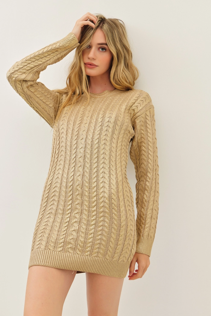 Metallic Foil Cable Knit Sweater Dress Gold / Medium Metallic Foil Cable Knit Sweater Dress Gold / Medium