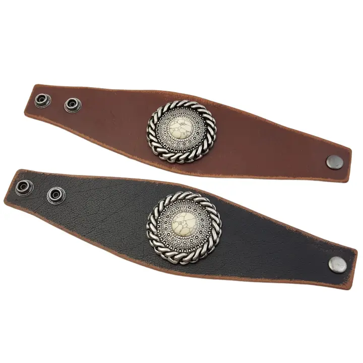 Genuine Distressed Leather Cuff with Round Concho