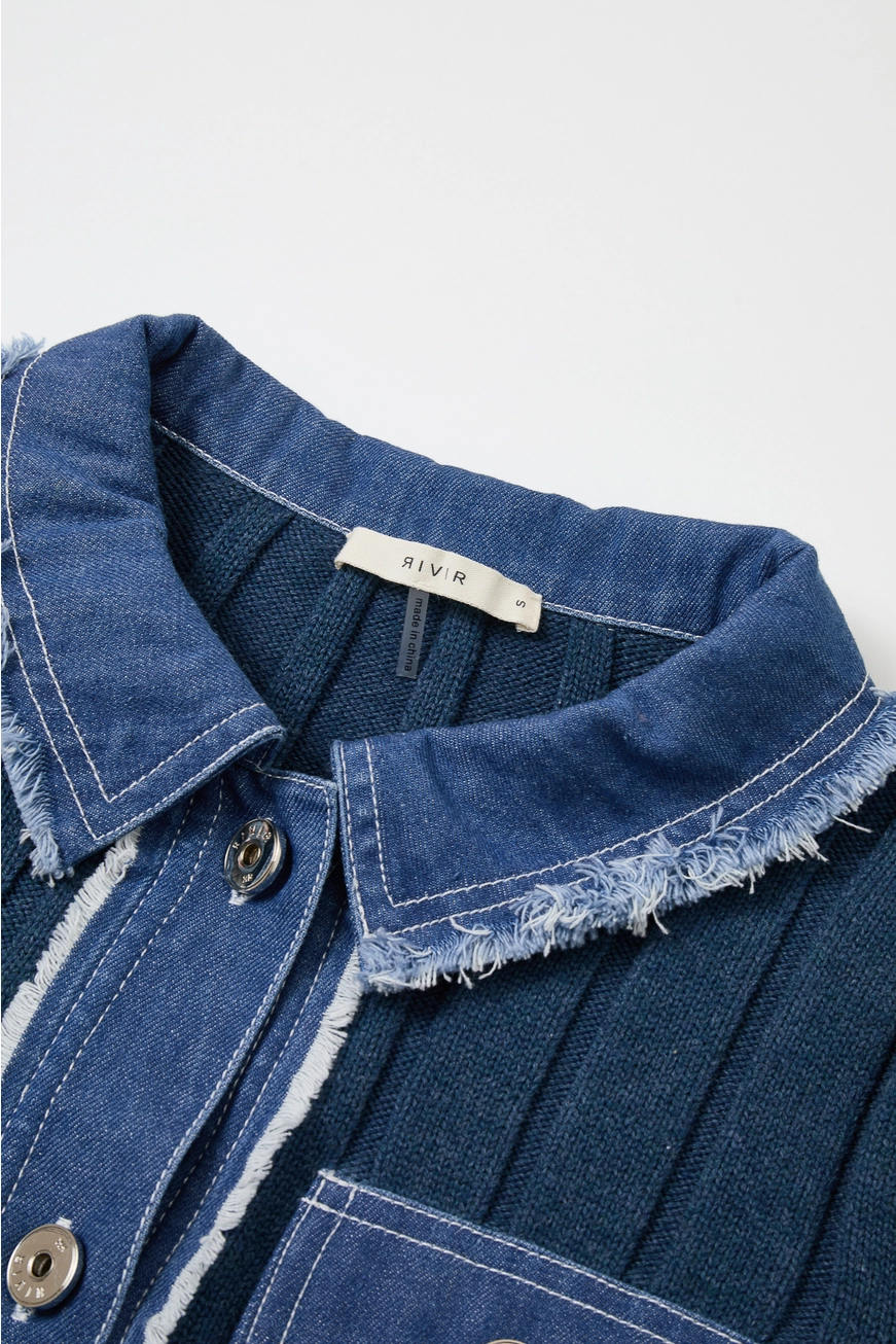 Rib Knit Denim Look Jacket with Contrast