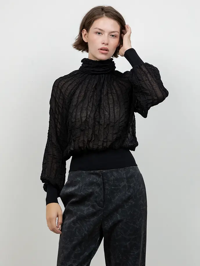 Semi Sheer Turtle Neck Textured Blouse
