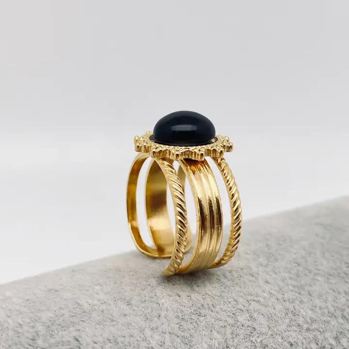 Inlaid Obsidian 18K Gold Plated Stainless Steel Ring