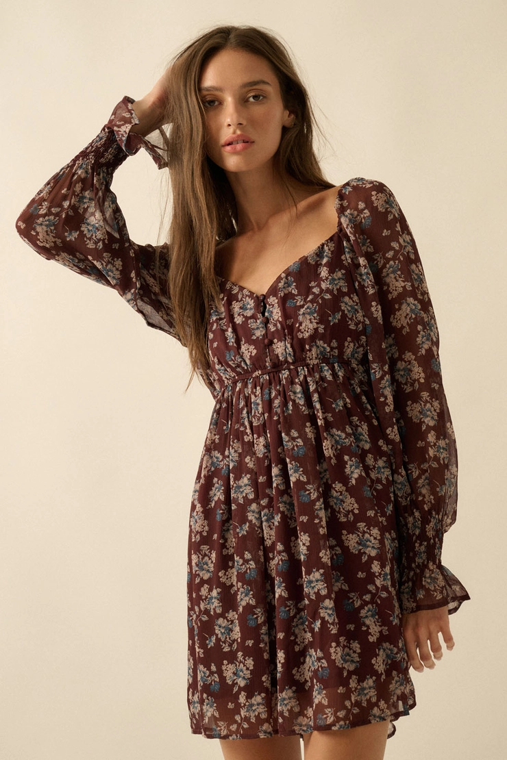 Floral Chiffon Babydoll Peasant Mini Dress