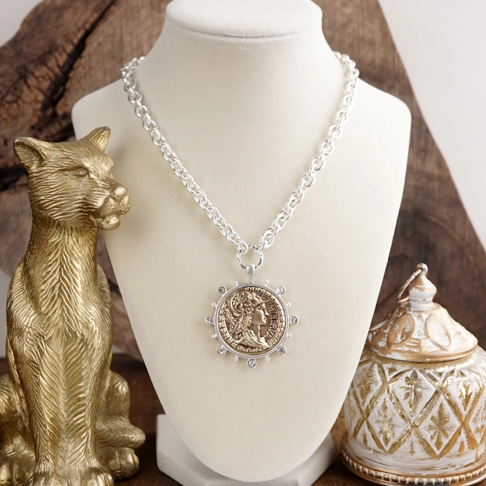 Radiant Relic Coin Medallion Necklace with Crystal Halo
