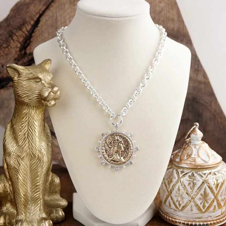 Radiant Relic Coin Medallion Necklace with Crystal Halo