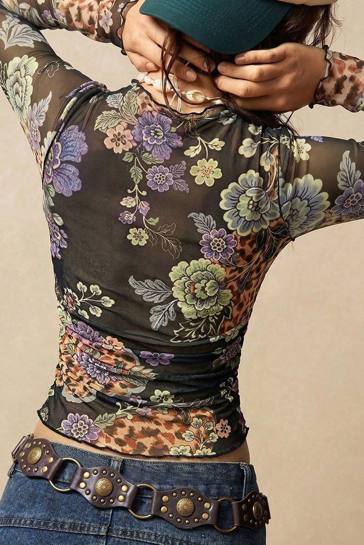 Sheer Floral Mock Neck Top