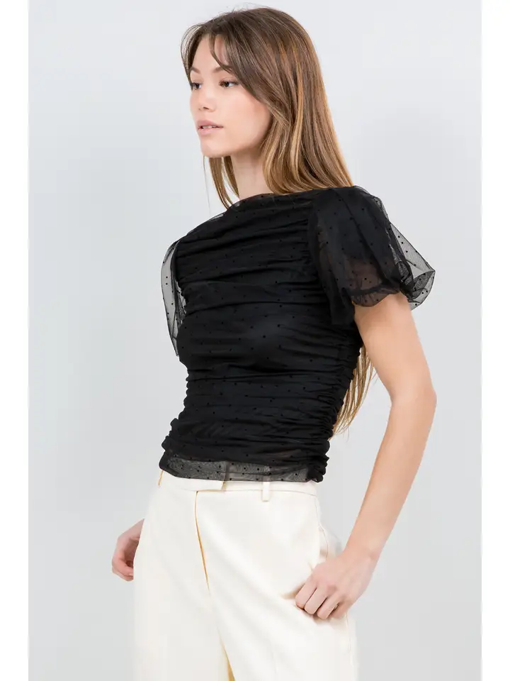 Mesh Polka Dot Shirring Top with Shoulder Padding