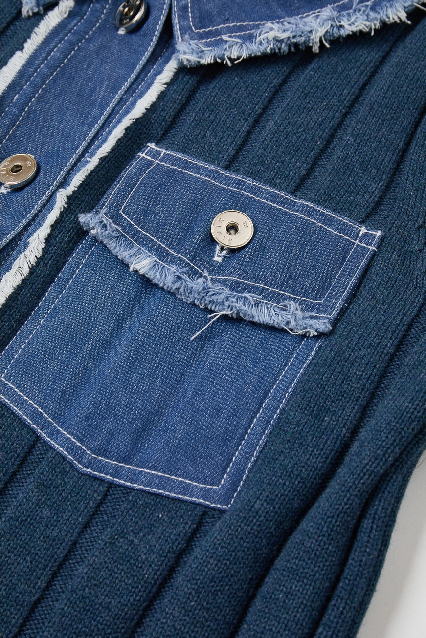 Rib Knit Denim Look Jacket with Contrast