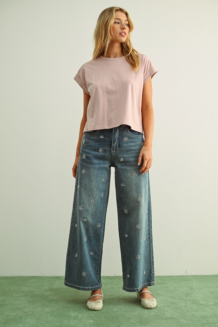 Washed Denim With Bead Trim Jeans