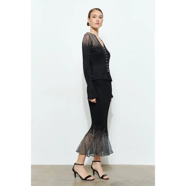 Embellished Metallic Glitter Midi Skirt