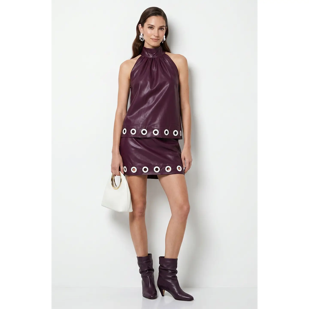 Vegan Leather Grommet Hem Skort