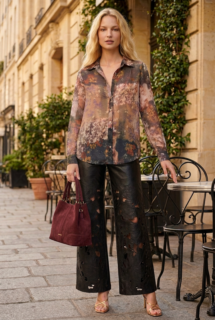 Tricia’s café-terrace look with a burgundy suede handbag
