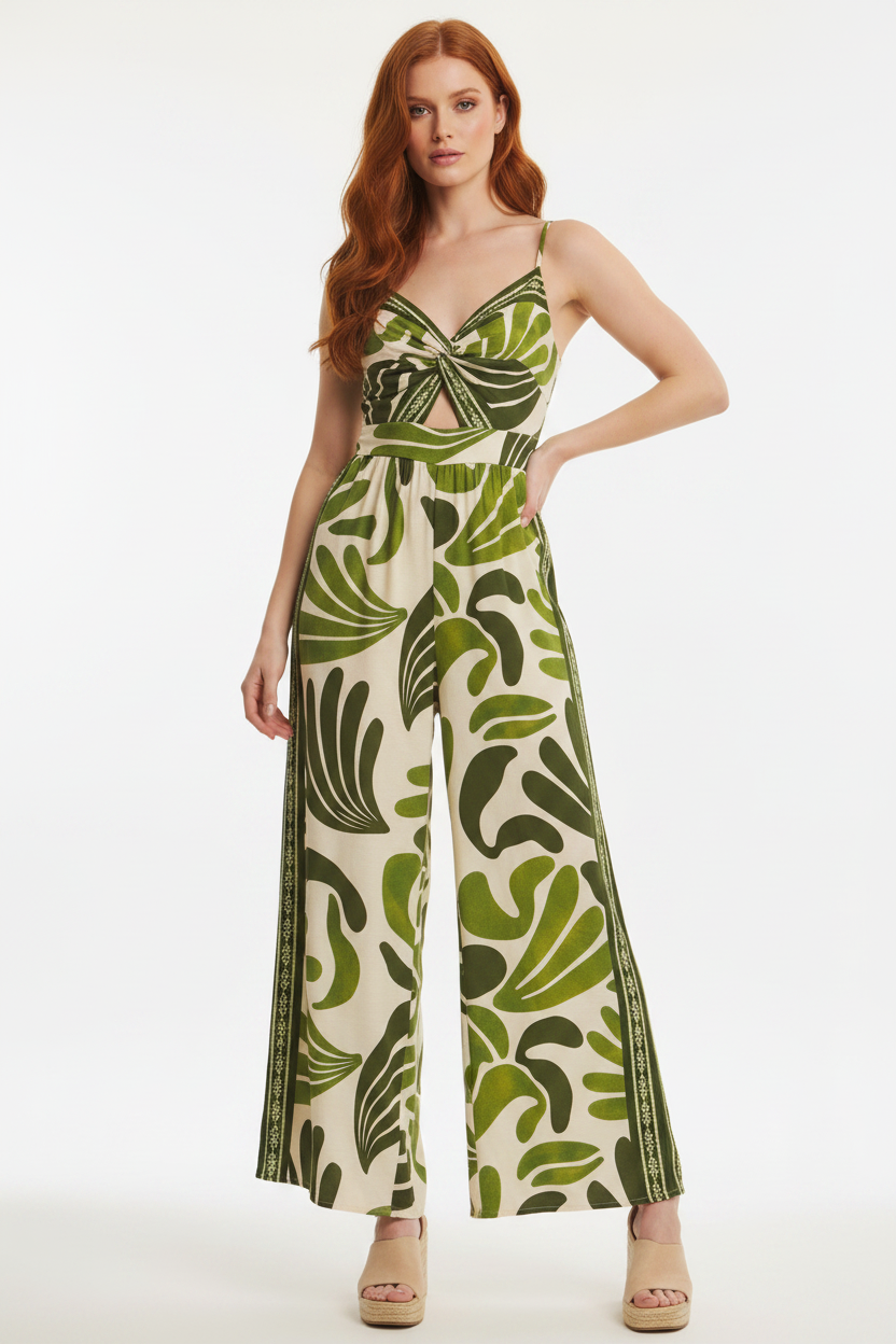 Tropical Jumpsuit - Beciga Red Hair Model & Beige Wedge