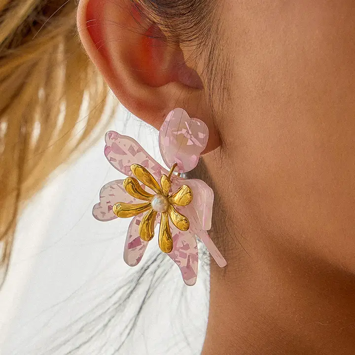 Oona 18K Gold Non Tarnish Pink Floral Statement Earrings
