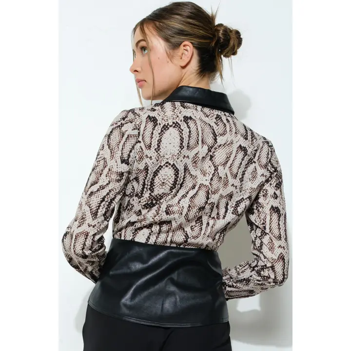 Animal Print Faux Leather Detail Peplum Top