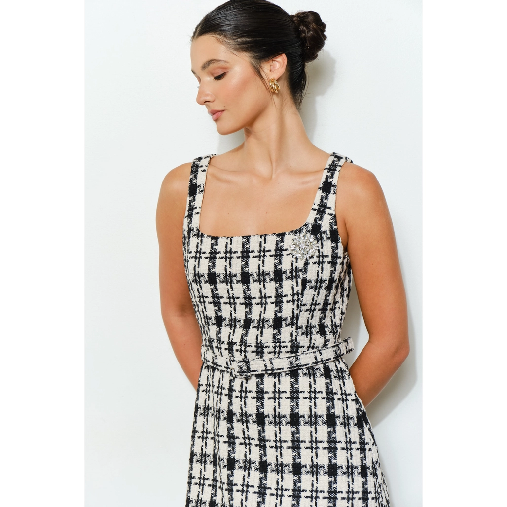 Check Tweed Brooch Detail Belted Mini Dress