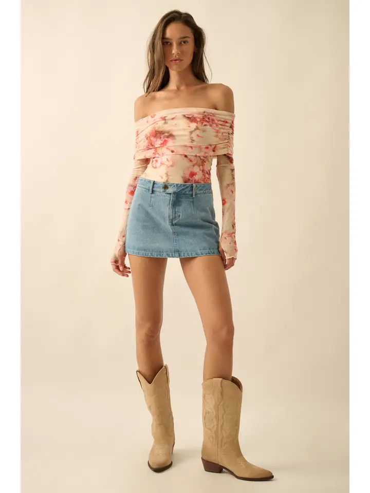 Floral Mesh Off-Shoulder Foldover Bodysuit