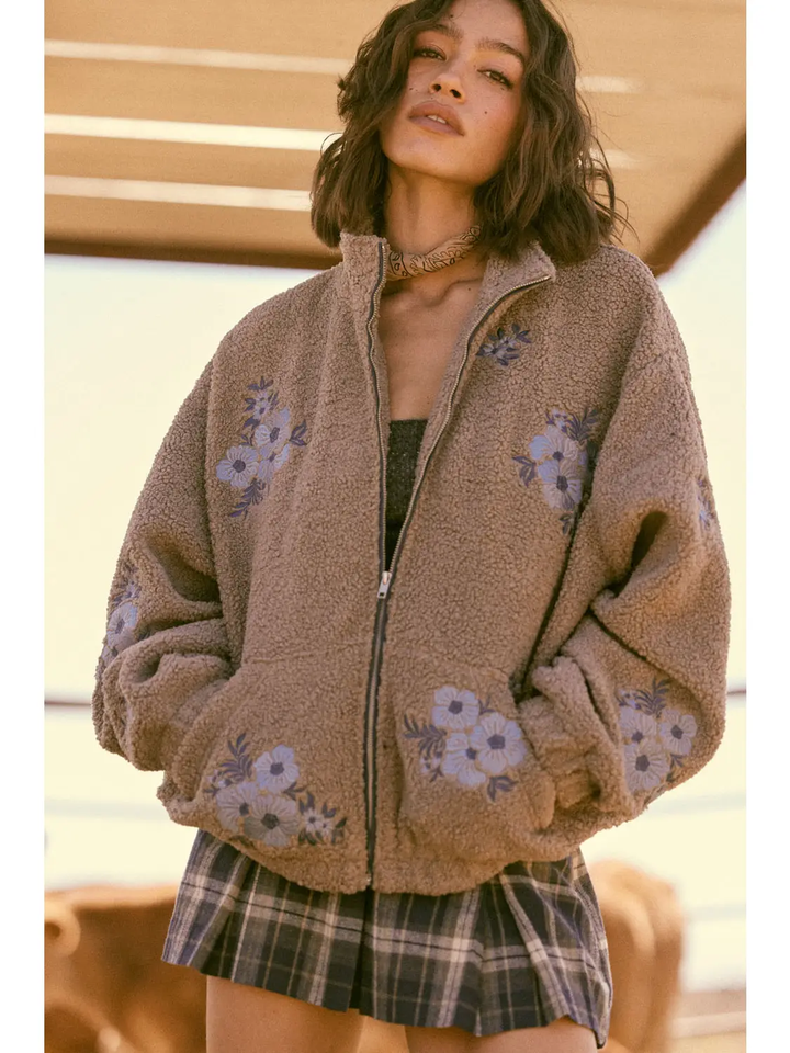 Floral-Embroidered Sherpa Fleece Zip-Up Jacket