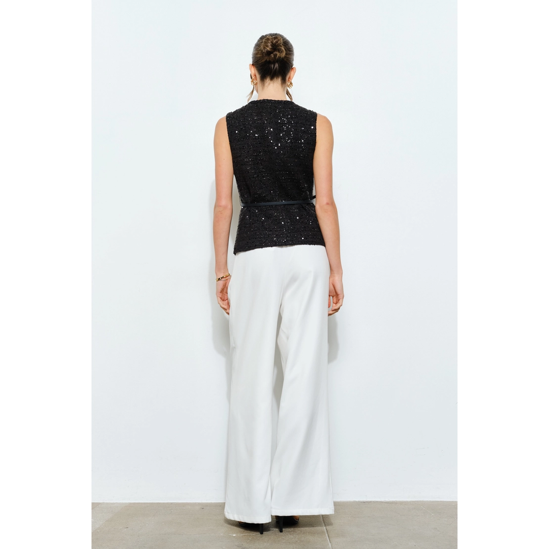 Belted Sequin Tweed Sleeveless Top