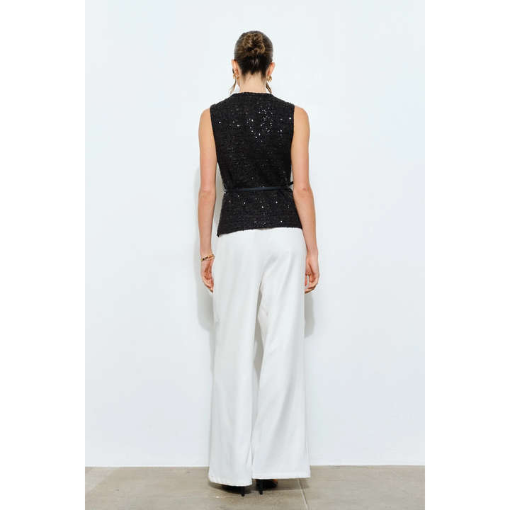 Belted Sequin Tweed Sleeveless Top
