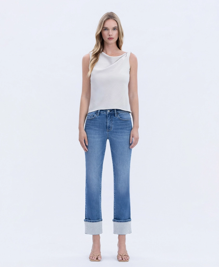 High Rise Rhinestone Cuffed Slim Straight Jeans