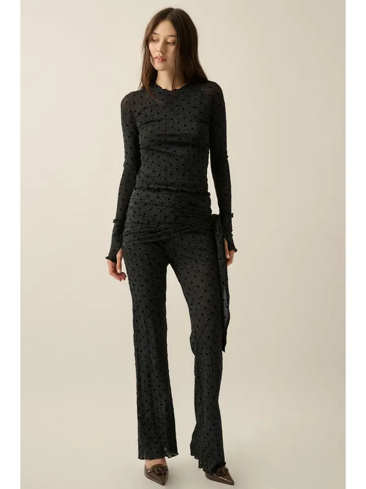 Polka Dot Mesh Tie Waist Fitted Flare Pants