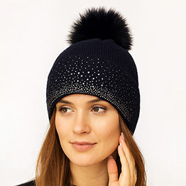 Rhinestone Ribbed Knit  Pom Beanie Hat