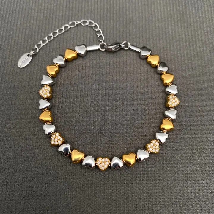 Zircon Inlaid Two Tone Heart  Bracelet