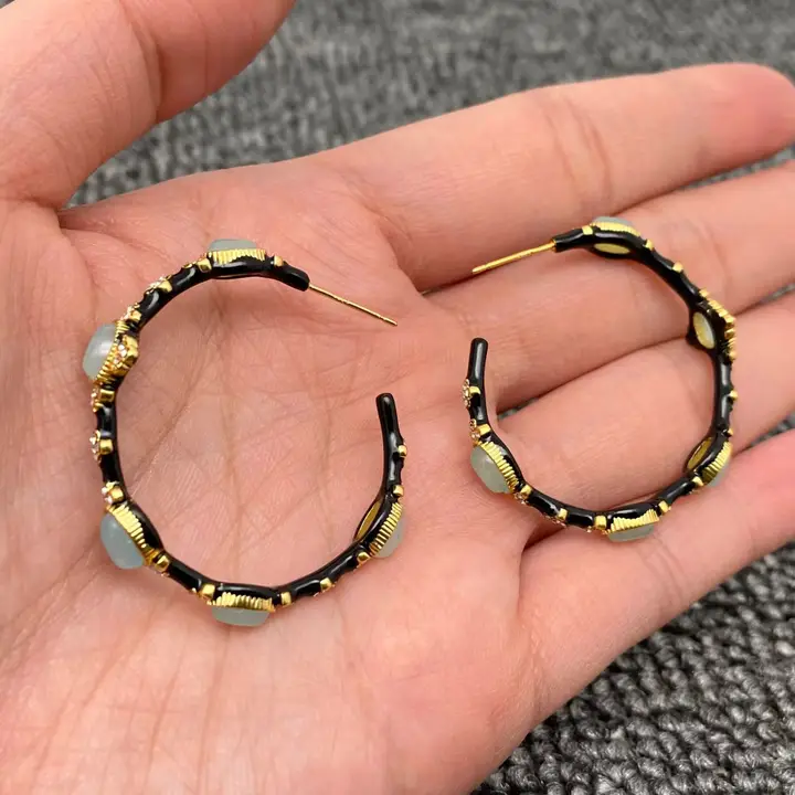 Green Aventurine Black Enamel Hoop Earrings
