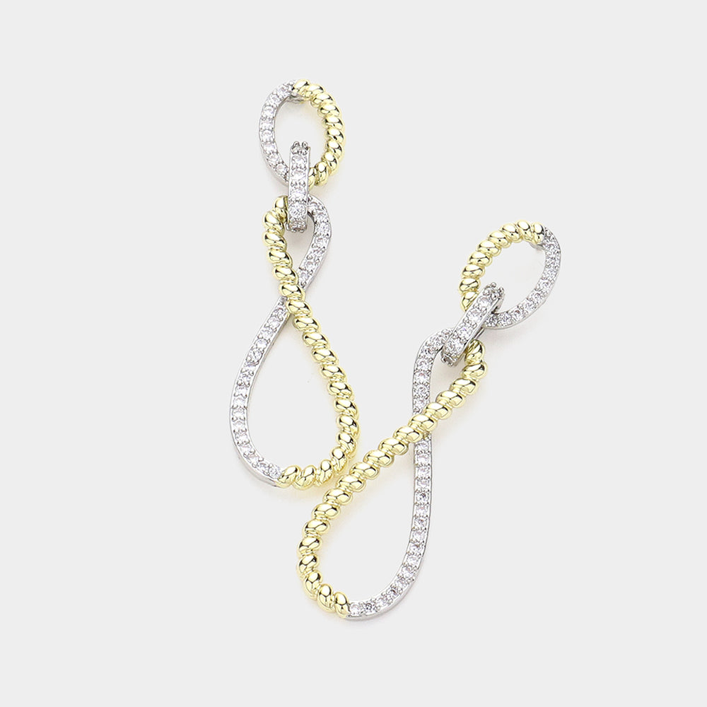 CZ Stone Paved Textured Twisted Earrings (14K Gold Plated)